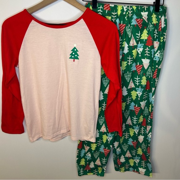 Cat & Jack Girls Holiday 2-Piece Pajamas, Size 14, Christmas Trees, Pink, Green - Picture 2 of 8